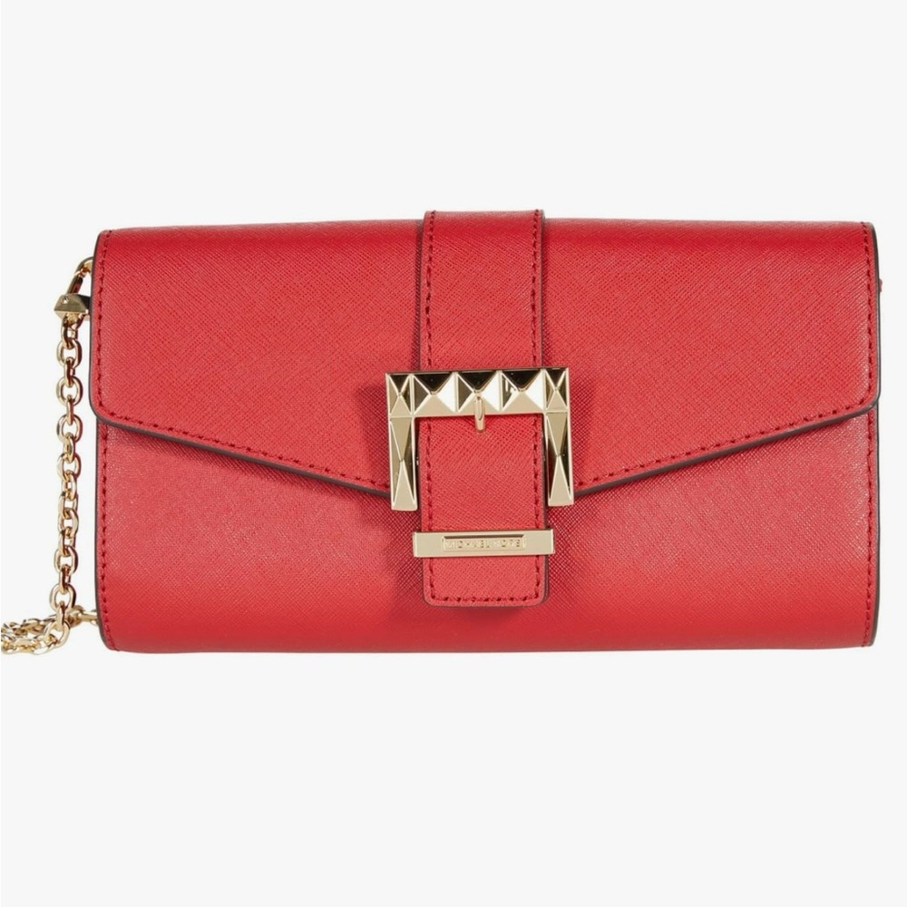 Michael Kors Penelope Medium Saffiano Leather Clutch with Gold Clasp and Chain
